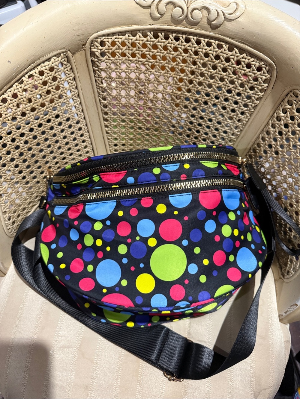 Colorful Polka Dot Crossbody Belt Bag - Black with Multicolor Dots